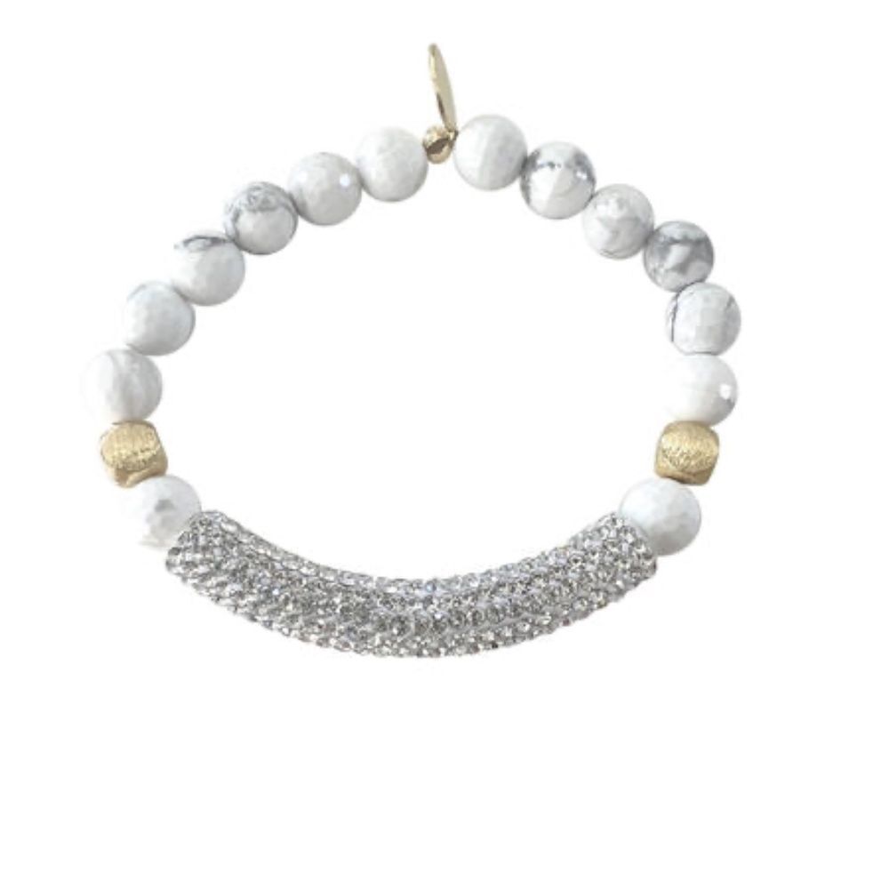 Stretch Bracelet White Jasper Stone Beads & Gray Crystal Rhinestone Bar NEW